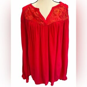 Cato Womens Top Plus Size 26W 28W Red Long Sleeve V-Neck Flowy Valentines